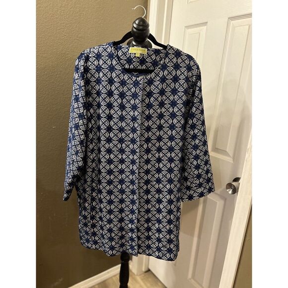 Sigrid Olsen Coat Women XL Blue White Long Geometric Abalone Shell Button Ladies - Picture 1 of 4